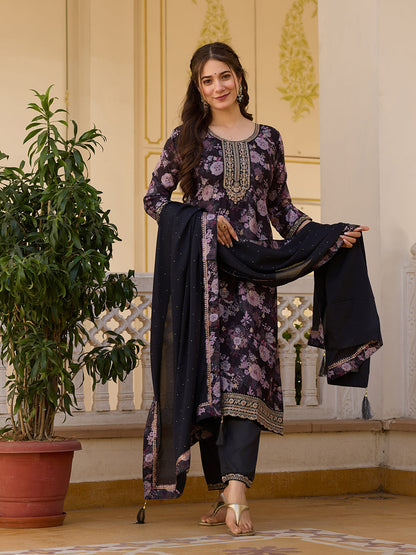 Black Floral Printed Suit Sets