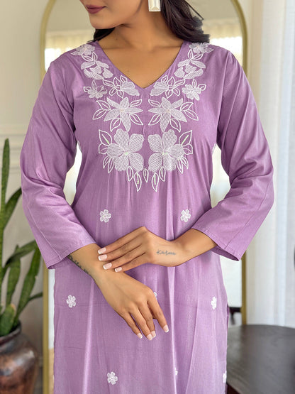 Lavender Cotton Embroidered Kurta Pant Set