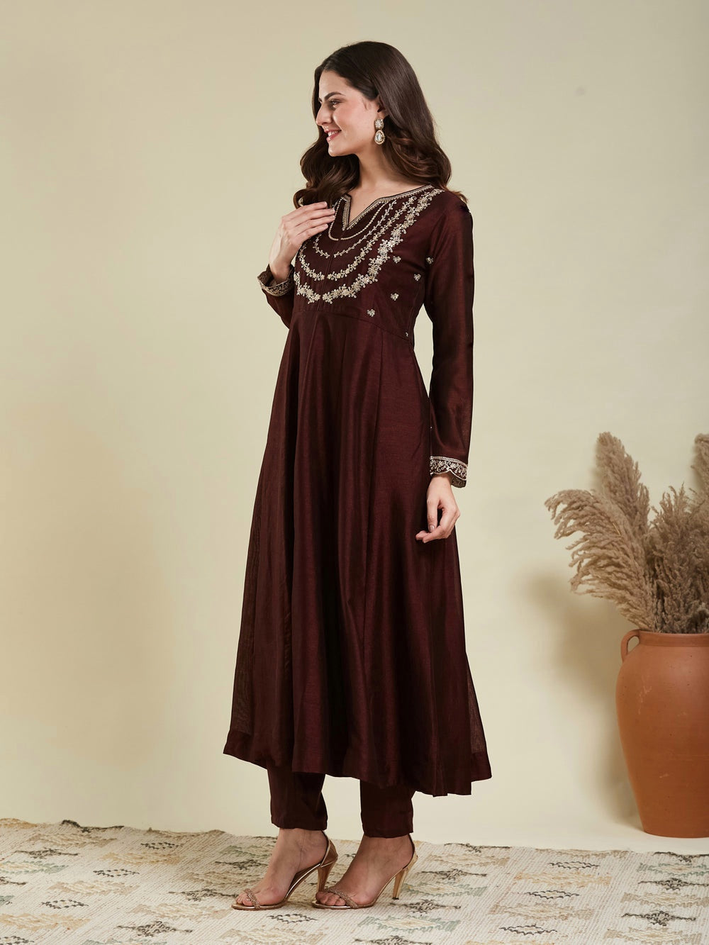 Brown Embroidered Vichitra Silk Anarkali Suit Set