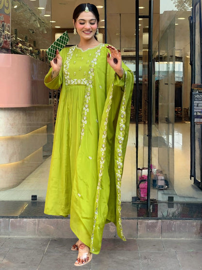Pista Green Embroidered Anarkali Kurta Pant Set