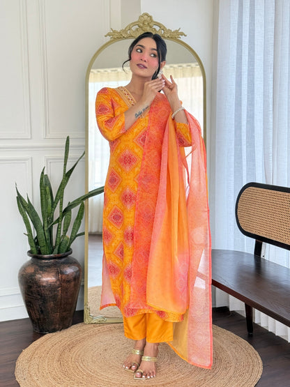 Orange Bandhani Print Straight Salwar Suit Set
