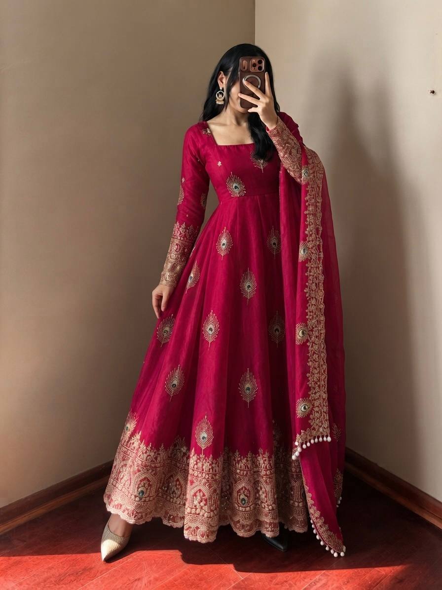 Fuchsia Pink Silk Embroidered Anarkali Gown