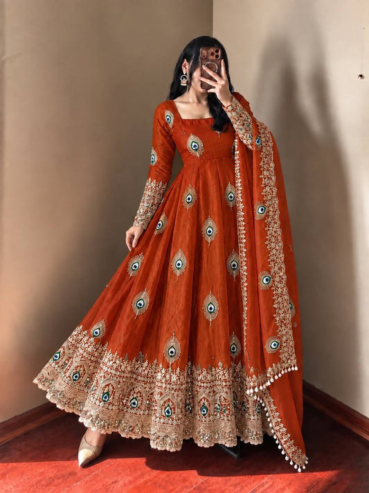 Rust Orange Silk Embroidered Anarkali Gown