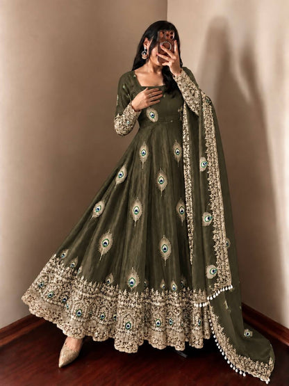 Olive Green Silk Embroidered Anarkali Gown