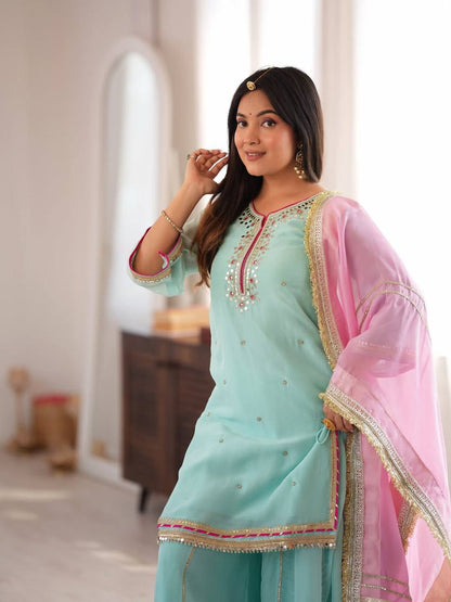 Sky Mint Embroidered Organza Sharara Suit Set