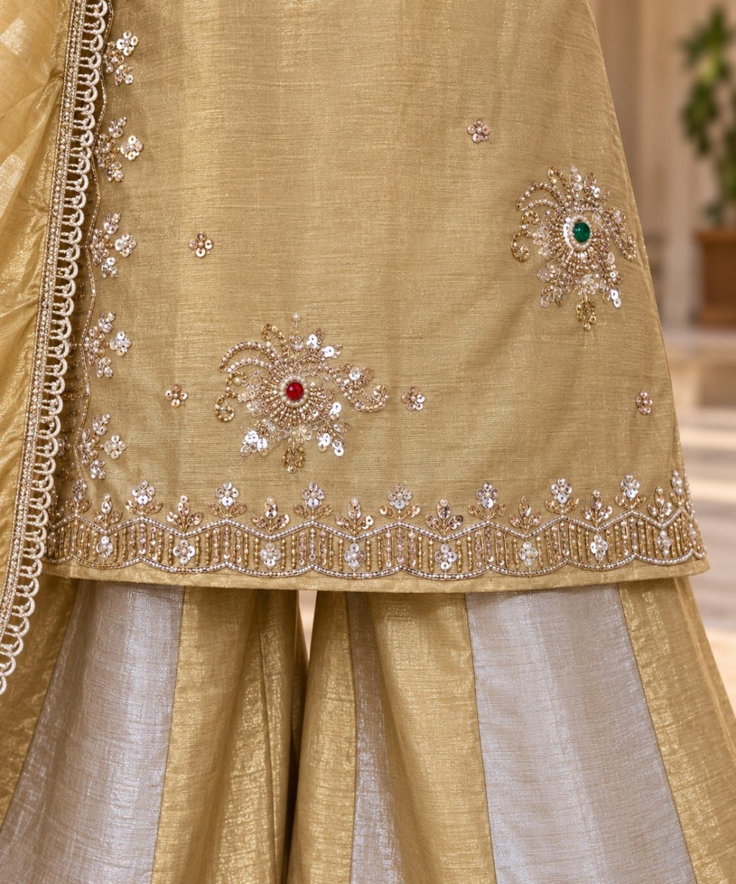 Golden Silver Banarasi Viscose 3 Piece Palazzo Set