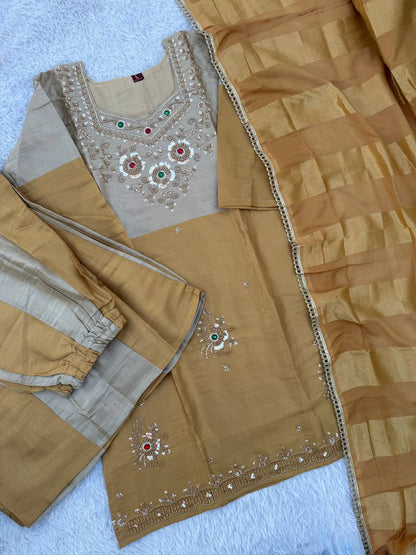 Golden Silver Banarasi Viscose 3 Piece Palazzo Set