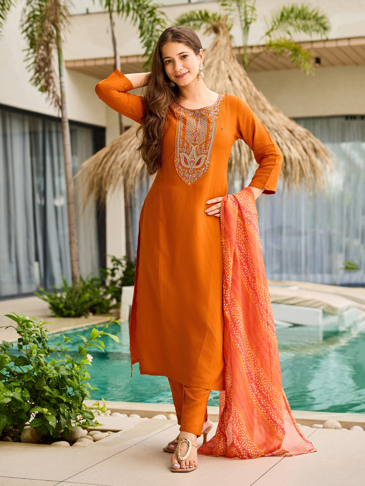 Sunset Aura Orange Viscose Silk Suit Sets