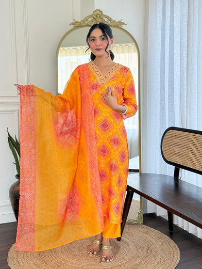 Orange Bandhani Print Straight Salwar Suit Set