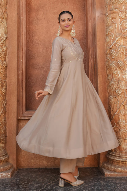 Beige Embroidered Vichitra Silk Anarkali Suit Set
