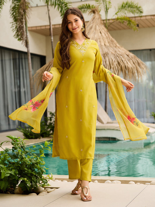 Olive Lime Green Embroidered Suit Sets