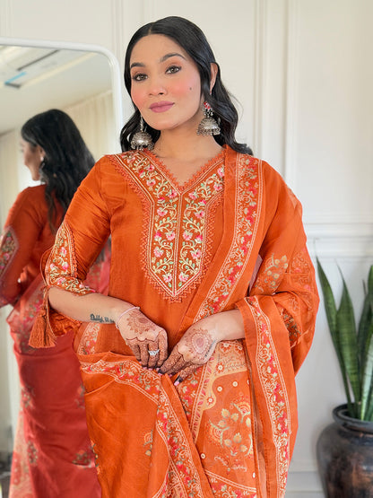 Orange Heritage Embroidered Kurta Pant Set