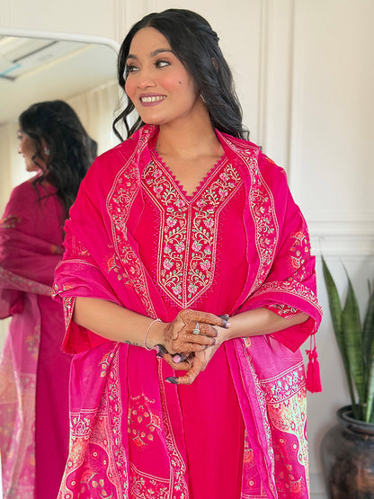 Rani Pink Heritage Embroidered Kurta Pant Set