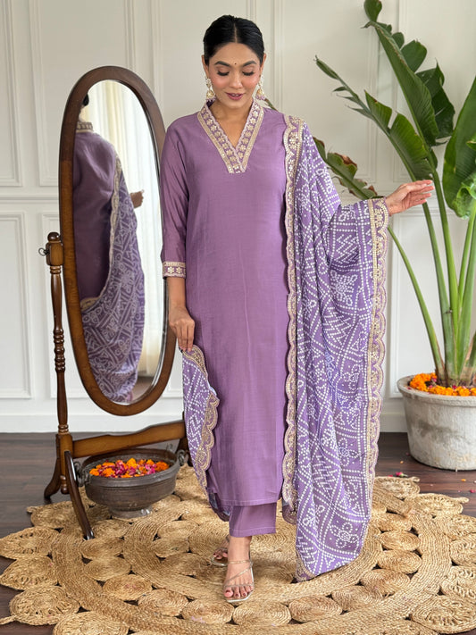 Lavender Embroidered Kurta Pant Set