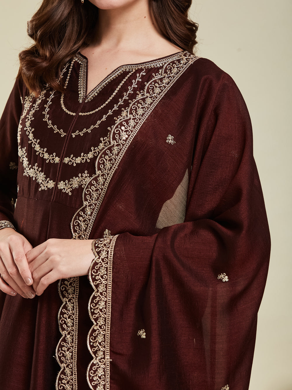 Brown Embroidered Vichitra Silk Anarkali Suit Set