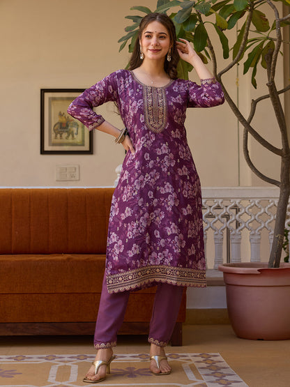 Purple Floral Printed Suit Sets