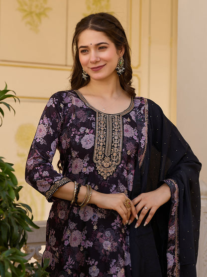 Black Floral Printed Suit Sets