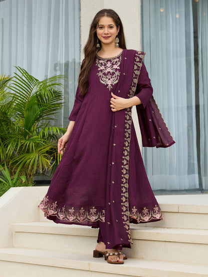 Noorika Plum Embroidered Anarkali Kurta Set