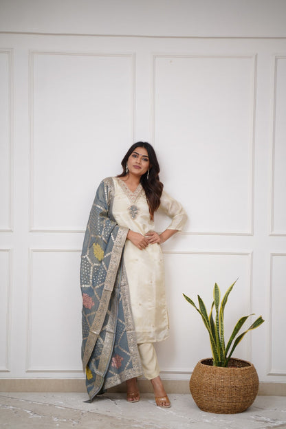 Off White Elegance Chanderi Suit Set