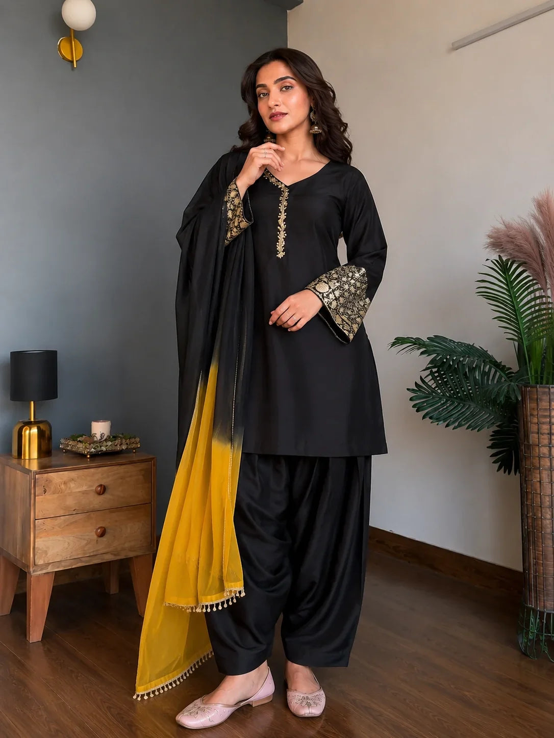 Black Jacquard Work Embroidered Farshi Kurta Set