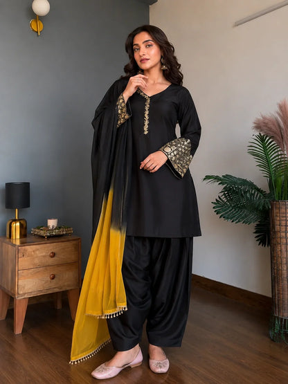 Black Jacquard Work Embroidered Farshi Kurta Set