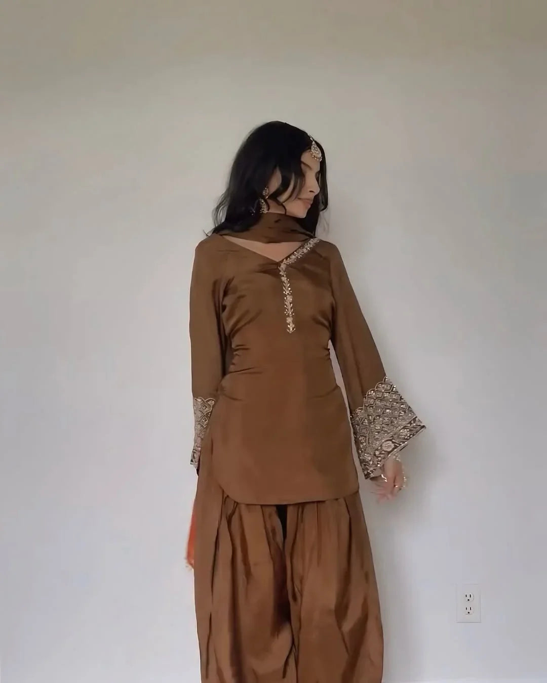 Brown Jacquard Work Embroidered Farshi Kurta Set