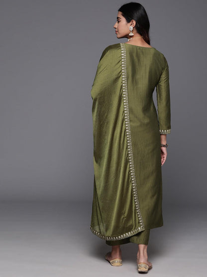 Olive Green Embroidered Chanderi Kurta Pant Set