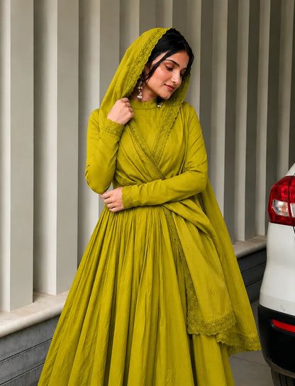 Premium Olive Mustard Green Anarkali Suit Set
