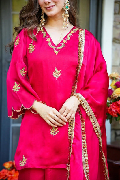 Rani Pink Embroidered Frendy Silk Palazzo Set