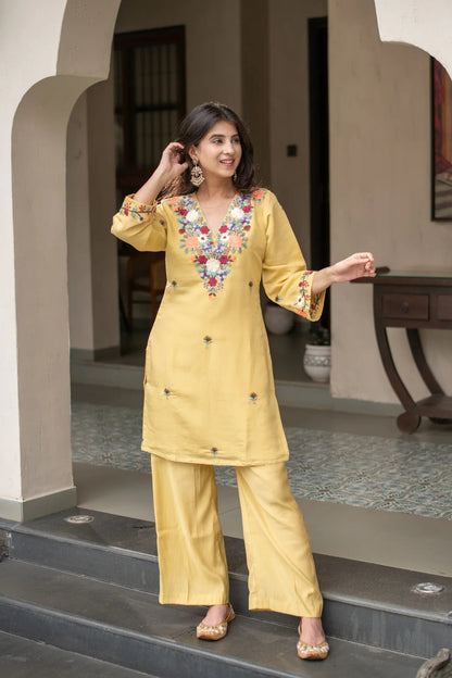 Yellow French Crepe Embroidered Kurti Set