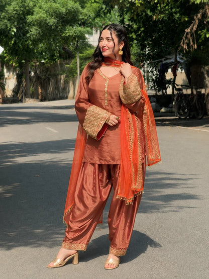 Copper Brown Jacquard Work Embroidered Farshi Kurta Set