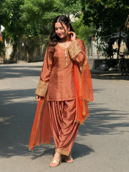 Copper Brown Jacquard Work Embroidered Farshi Kurta Set