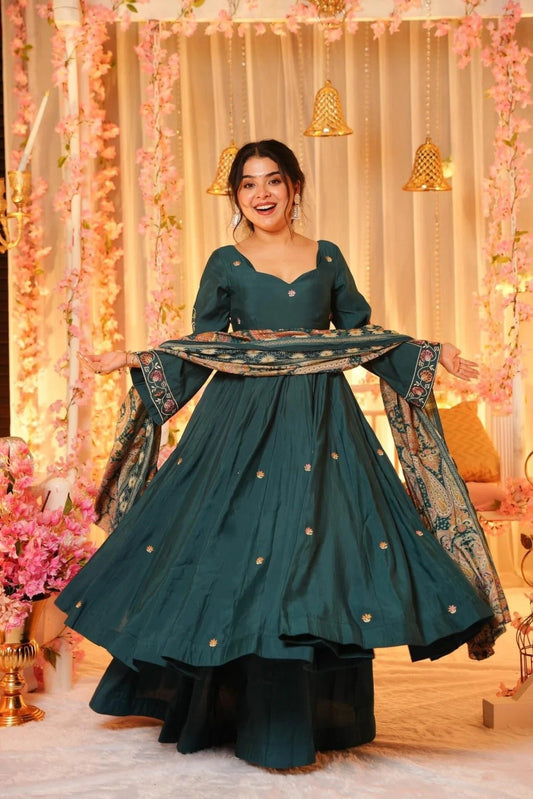 Dark Green Embroidered P.V. Chanderi  Anarkali Set