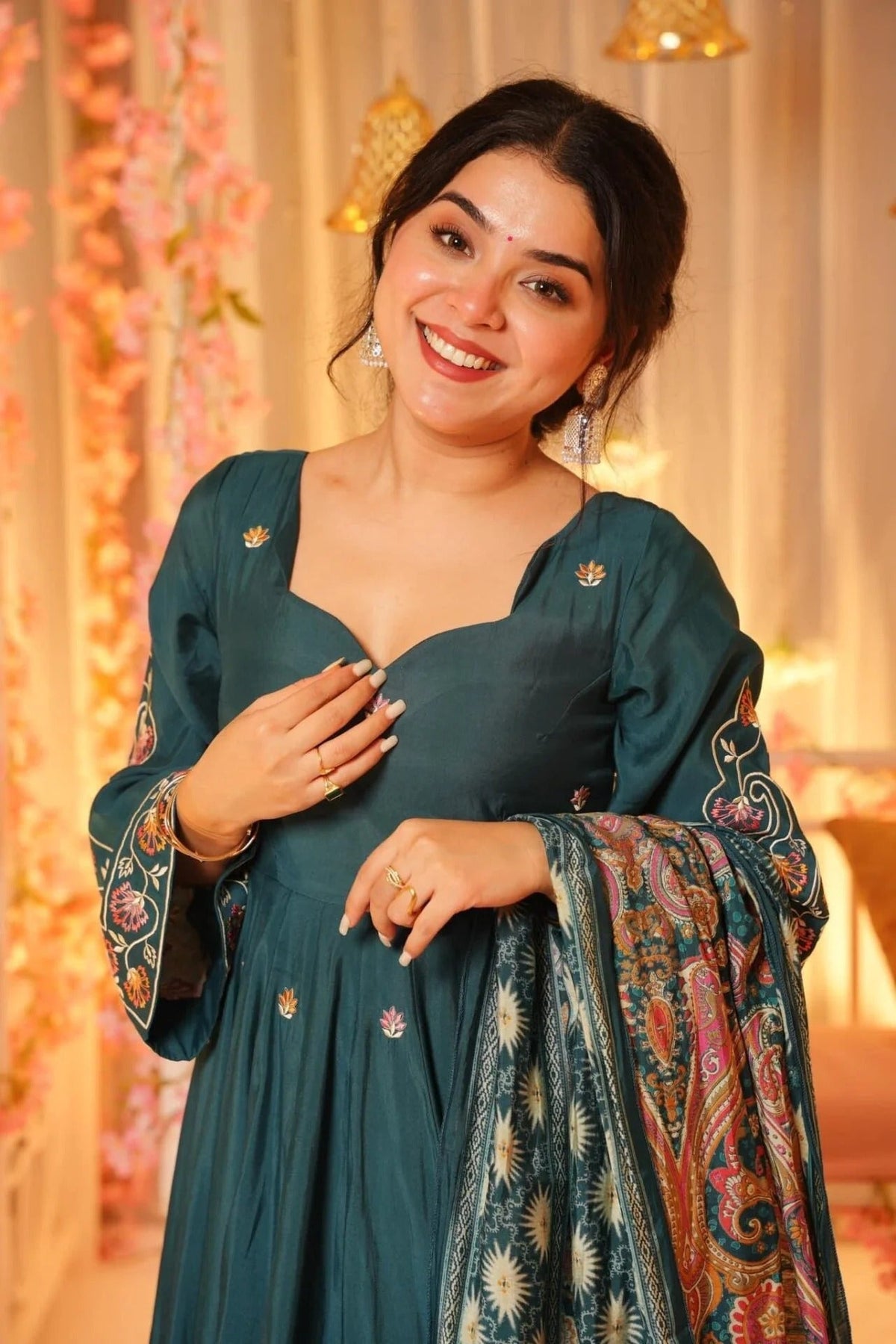 Dark Green Embroidered P.V. Chanderi  Anarkali Set