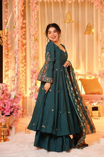 Dark Green Embroidered P.V. Chanderi  Anarkali Set