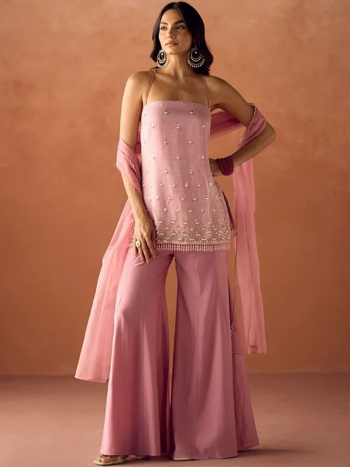 Light Pink Silk Embroidered Handwork Party Wear Palazzo Set with Dupatta For Women