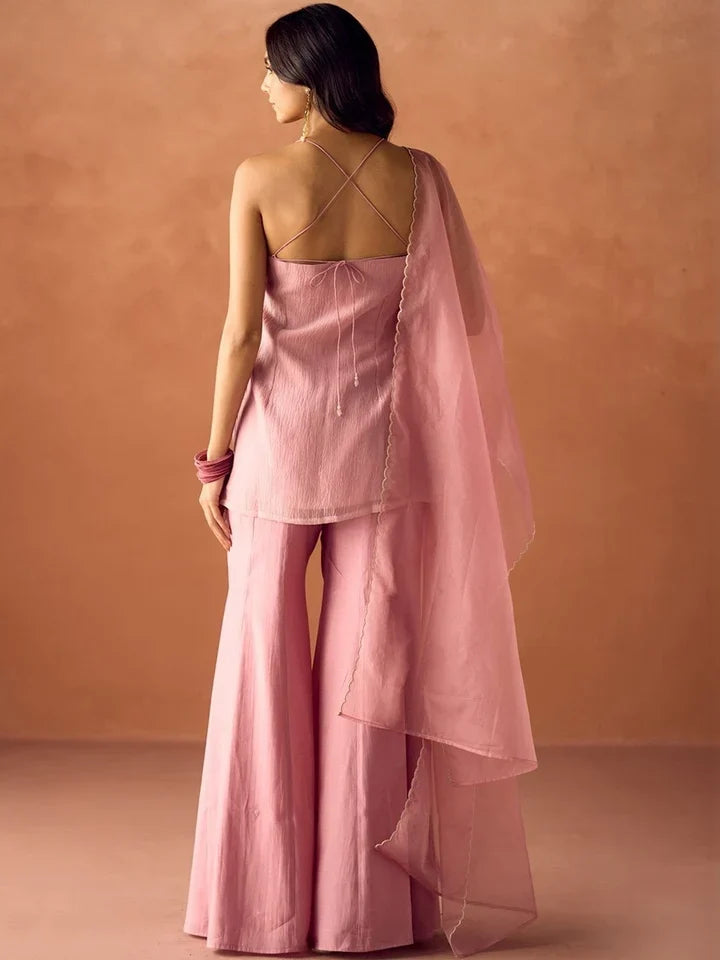 Light Pink Silk Embroidered Handwork Party Wear Palazzo Set with Dupatta For Women