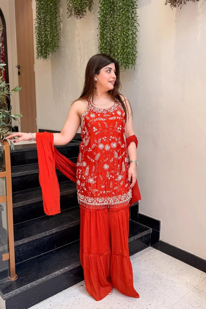 Women's Rust Floral Embroidered Regular Thread Work Kurta with Sharara & With Dupatta