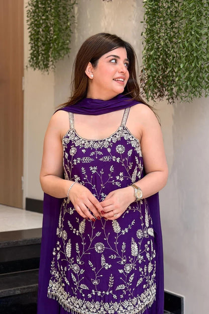 Women's Wine Floral Embroidered Regular Thread Work Kurta with Sharara & With Dupatta