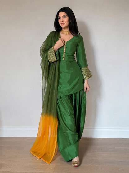 Green Jacquard Work Embroidered Farshi Kurta Set