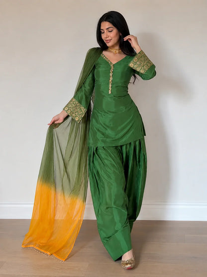 Green Jacquard Work Embroidered Farshi Kurta Set