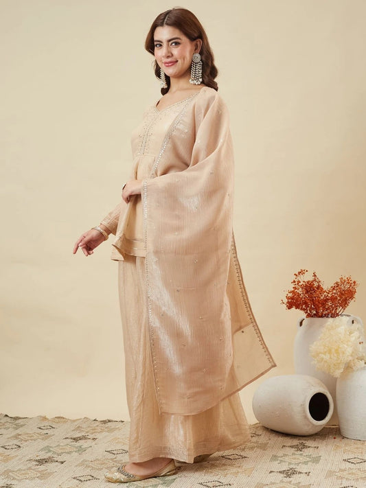 Cream Crunchy Silk Embroidered Sharara Set
