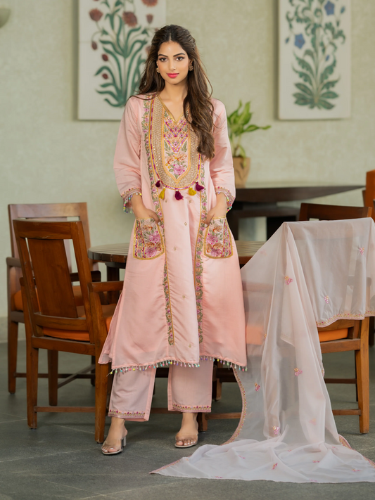 Cream P.V. Chanderi Embroidered Kurti Set