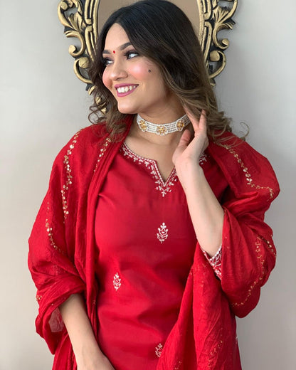 Ruby Red Embroidered Kurta Set