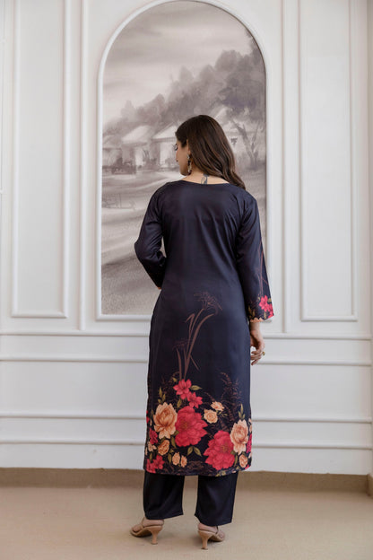 Black Floral Printed A-Line Kurta Set