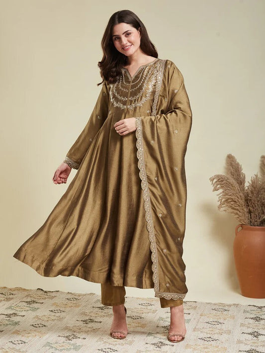 Gold Embroidered Vichitra Silk Anarkali Suit Set