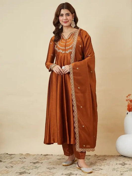 Orange Embroidered Vichitra Silk Anarkali Suit Set
