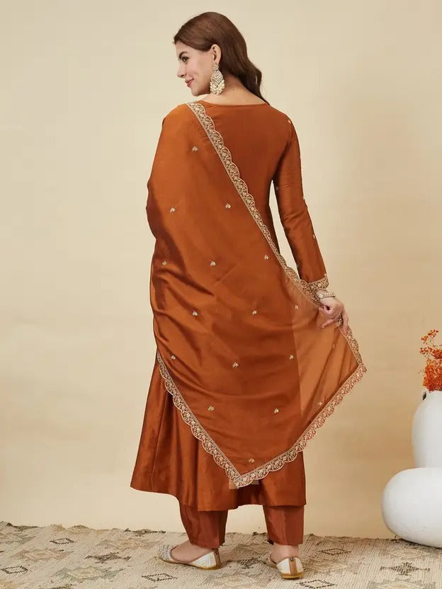 Orange Embroidered Vichitra Silk Anarkali Suit Set