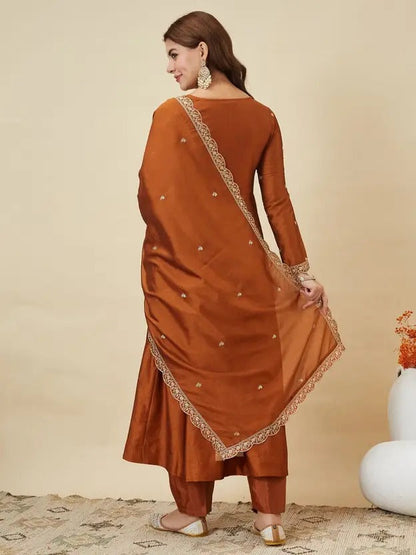 Orange Embroidered Vichitra Silk Anarkali Suit Set