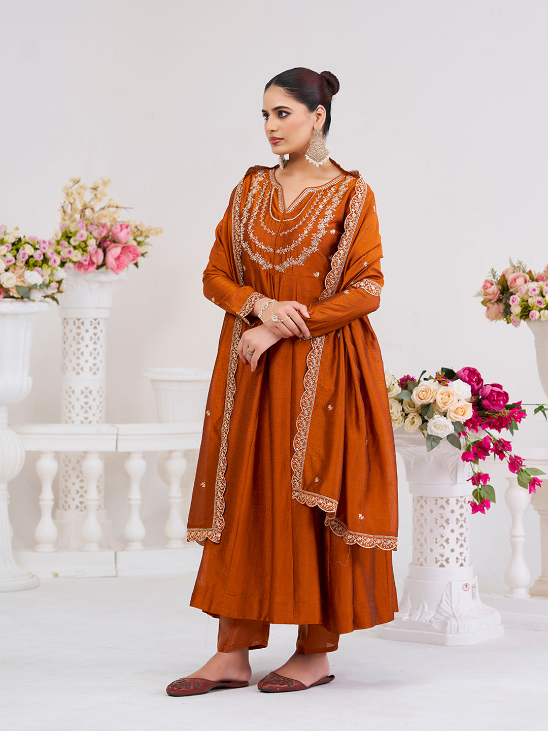 Orange Embroidered Vichitra Silk Anarkali Suit Set